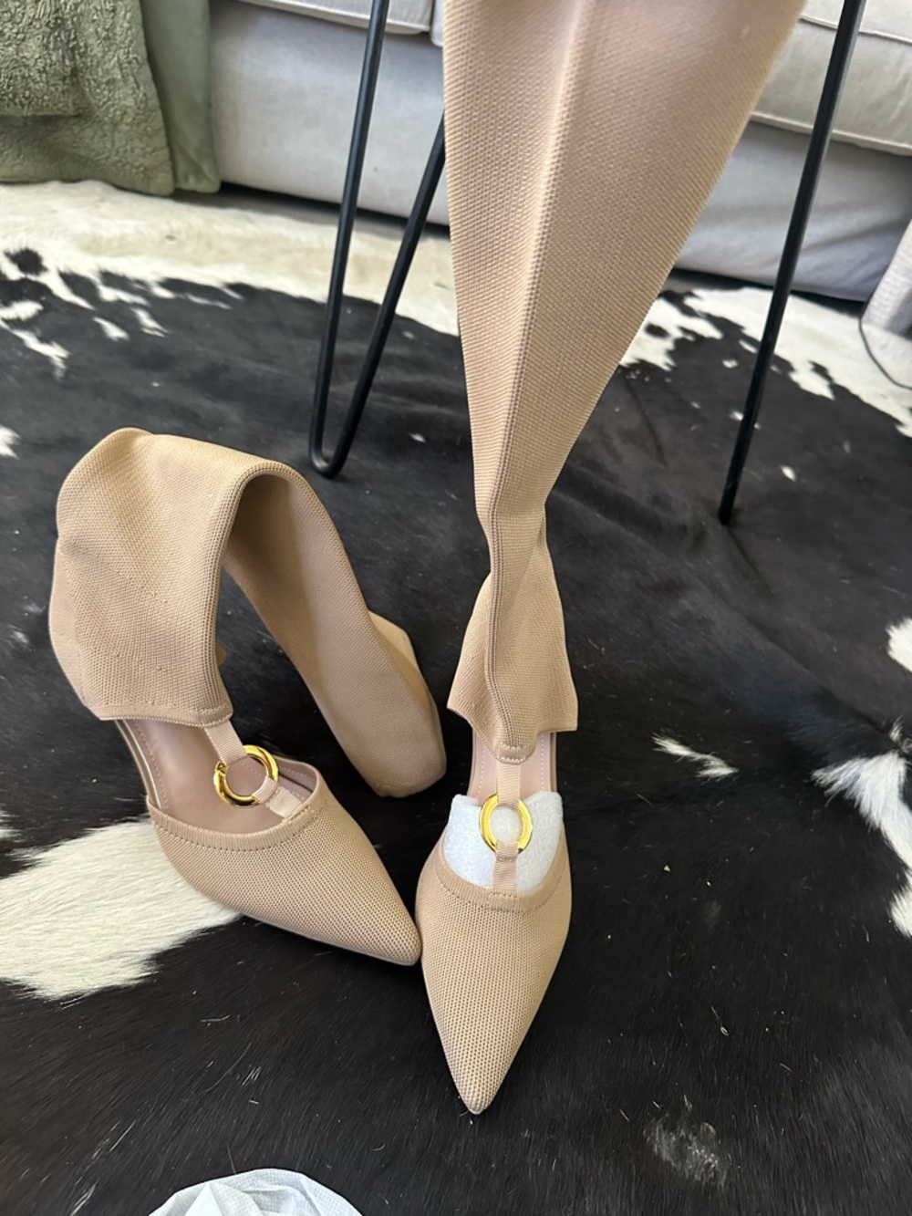 Beige Pointed-Toe Stiletto Boots with Gold Ring Detail